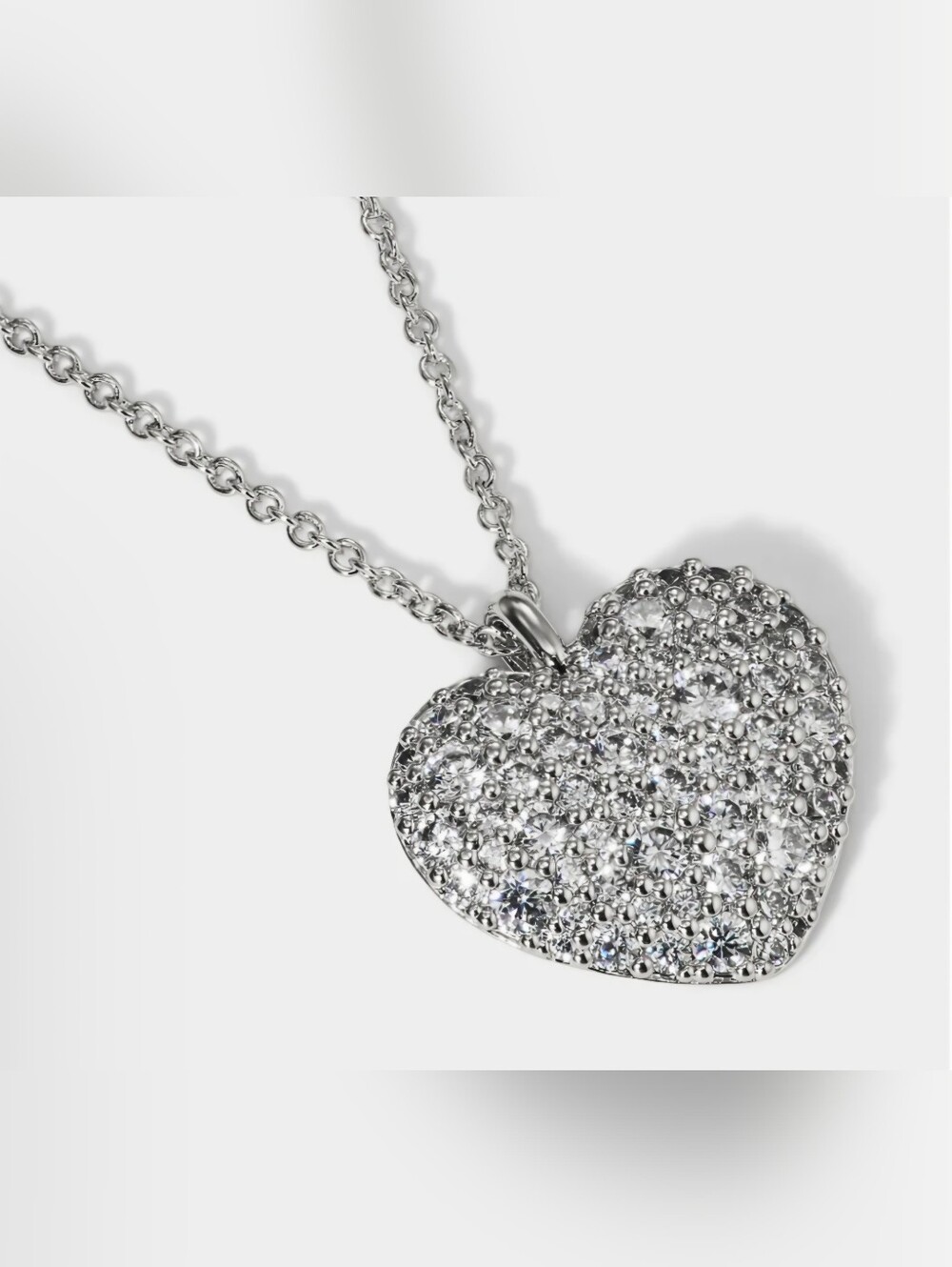 Crystal Pavé Heart Necklace- Brass Based Silver Color 18"